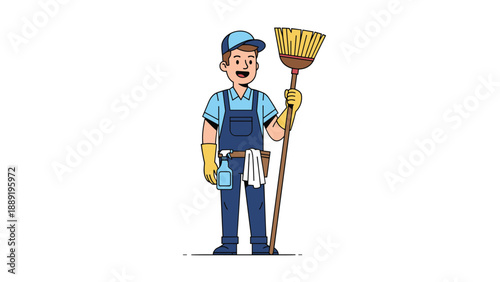 Professional male cleaner in blue overalls and a cap stands holding a large broom and carrying cleaning supplies in a flat vector style.