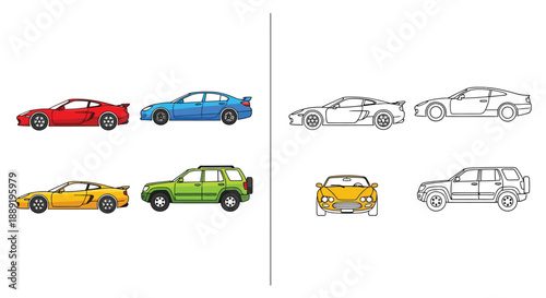 Colorful cars and their outline versions are displayed side by side