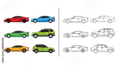 Colorful car illustrations alongside corresponding black and white line drawings