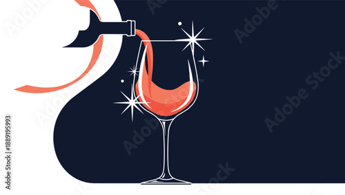 Red wine is elegantly poured from a dark bottle into a clear wine glass set against a dark background with sparkling star accents.