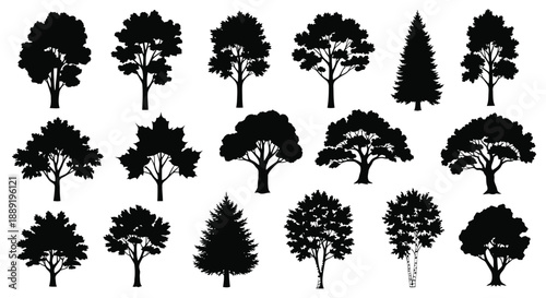 Collection of various black silhouette trees in different shapes and sizes