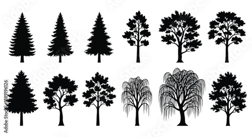 Collection of various black silhouette trees in different shapes and sizes
