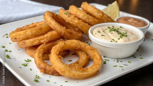Freid onion rings with white sauce