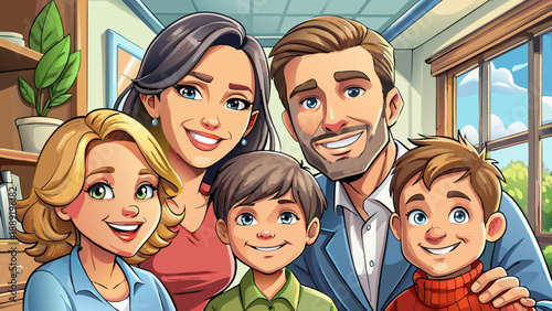 Very beautiful lifestyle portrait of a happy family moment at home, capturing parents and children sharing smiles and connection, expressing love, comfort, and the beauty of everyday family life.