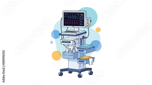 Professional medical monitor on a mobile cart with drawers and medical supplies is shown as a flat vector illustration with blue blobs.