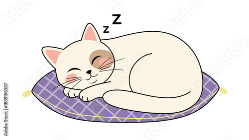Adorable white cat with a brown spot on its eye is peacefully sleeping on a purple patterned pillow with Z symbols above its head.