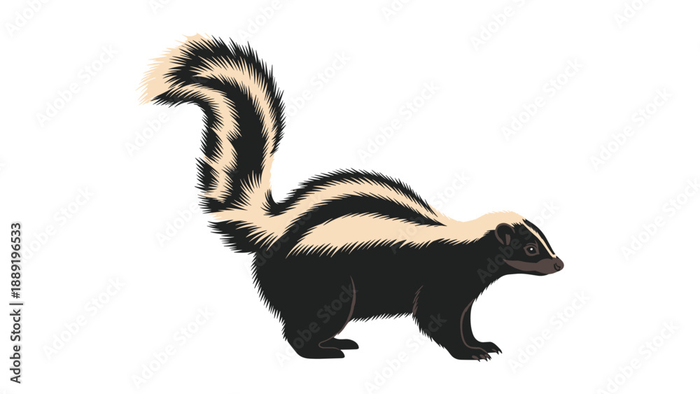 Fototapeta premium Side view illustration of a striped skunk with its distinctive black and white fur standing alert on a plain white background.