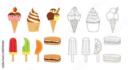 Colorful and outlined desserts ice cream popsicles and cookies