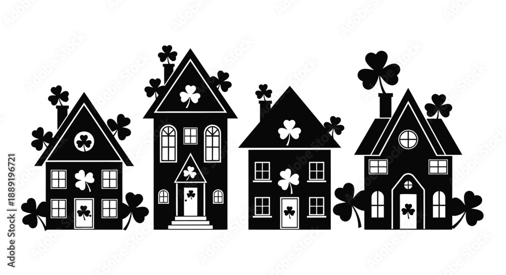 Fototapeta premium Stylized black silhouettes of four houses decorated with shamrocks