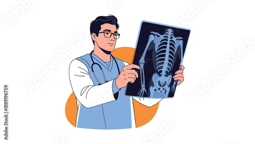 Professional male doctor in a blue uniform examining a chest X-ray film to diagnose a patient in a modern medical facility.