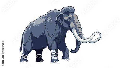 Ancient woolly mammoth with large curved tusks and decorative patterns on its legs walking across a simple white background.