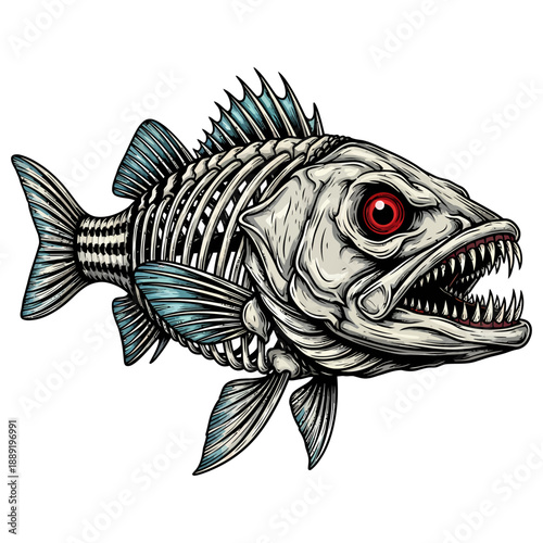 skeleton striped bass fish with sharp teeth and red eyes in aggressive cartoon mascot style