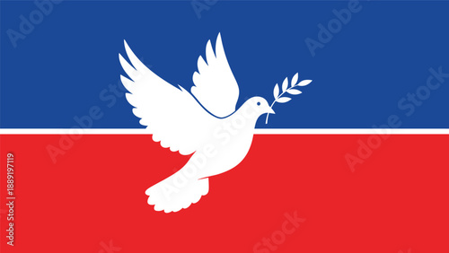 White peace dove carrying an olive branch flies across a split blue and red background symbolizing global harmony.
