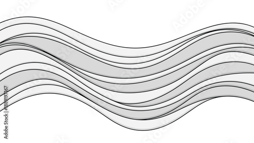 Stacked grey wavy ribbons create a layered horizontal pattern with fine outlines on a clean white background.