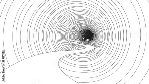 Black and white perspective drawing of a spiraling circular tunnel with a winding path leading into the distance.