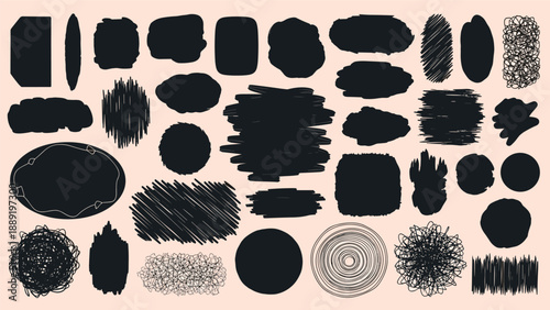 Assorted black scribble and hand drawn blotch shapes for artistic backgrounds and creative design elements.