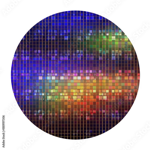 Colorful Semiconductor Silicon Wafer with Microchip Grid Pattern