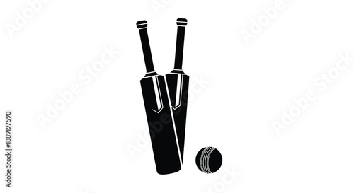 A black silhouette of cricket bats and a ball on white background