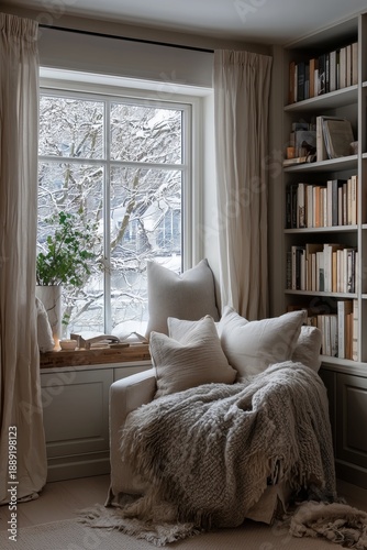 Scandinavian reading nook with built-in shelves, wool throw over armchair, snow outside window. Neutral textures, wood, and light create a peaceful winter retreat.