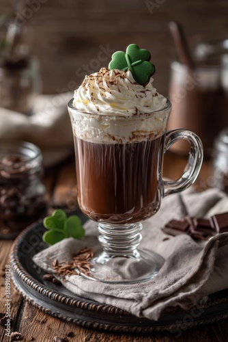 Irish coffee in clear glass with whipped cream and shamrock chocolate, served on rustic tray. Warm festive drink with cozy Saint Patricks charm.