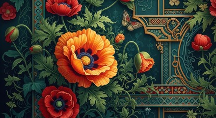Vibrant poppies in ornate frame