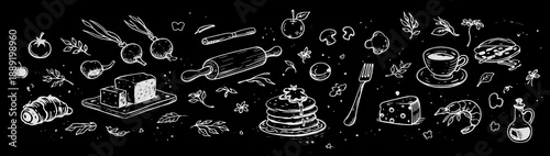 Obraz  z motywem Chalkboard style food doodle banner with pastry cheese and coffee ingredients on black