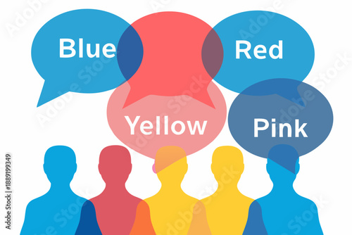 Colorful speech bubbles with color names and silhouetted figures below