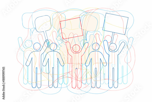 Abstract illustration depicting a crowd of people holding protest signs