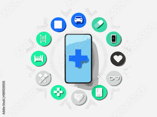Smartphone surrounded by healthcare and wellness icons in a circular arrangement
