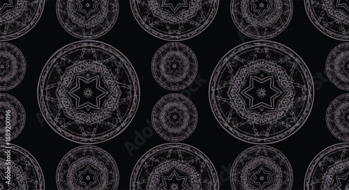 Intricate circular patterns and mandalas arranged in a repeating design on a dark background viewed from directly above showcasing symmetry and detail