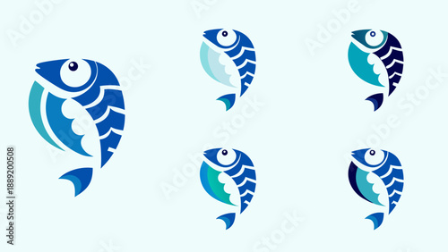 Stylized blue fish icons in varying poses against a white background