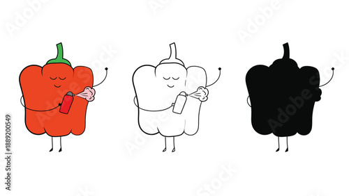 A cartoon illustration of three pepper characters holding mobile phones in different colors
