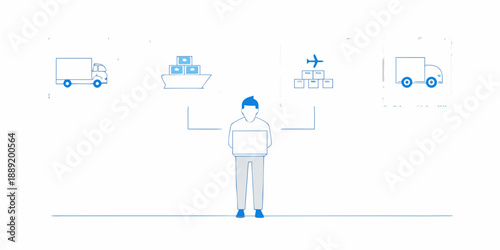 Logistics management illustration a person overseeing delivery and inventory