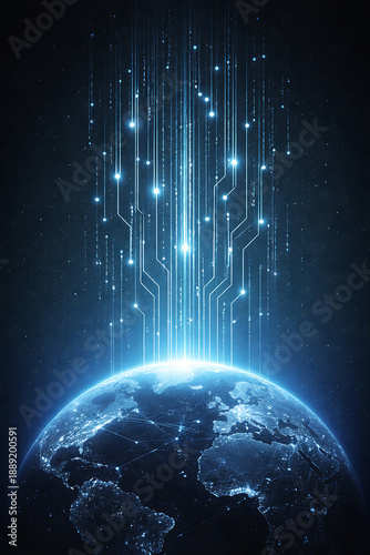 Global digital connectivity and futuristic technology concept with data streams rising from a glowing earth into the dark starry space for worldwide communication network