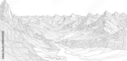 Stunning detailed black and white illustration of majestic mountains and serene river landscape scenery