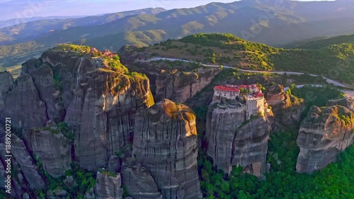 Mountain monastery of Meteora Greece drone view