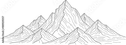 Majestic mountain range with prominent peaks and valleys in a simple black and white illustration style