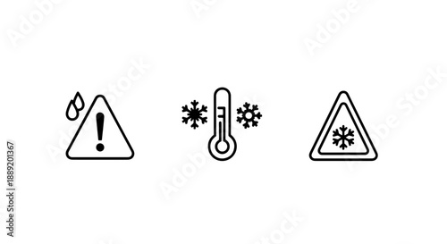 Cold Weather Warning and Freezing Temperature Line Art Icons, Ideal for Illustrating Winter Hazard Alerts, Ice Conditions, and Safety Precautions