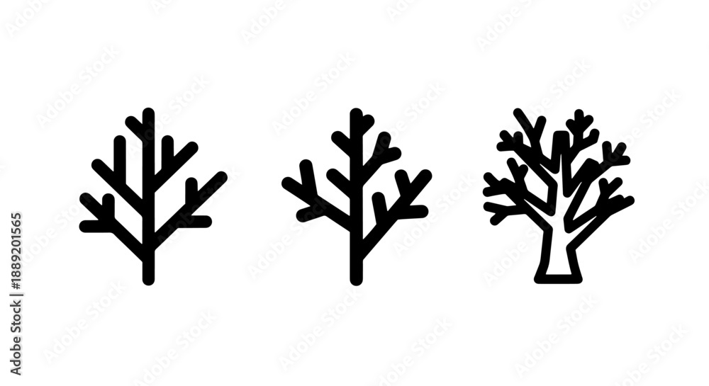 Fototapeta premium Bare Winter Tree Icons: Stylized Deciduous Branches Representing Dormant Forest Nature and Seasonal Landscapes