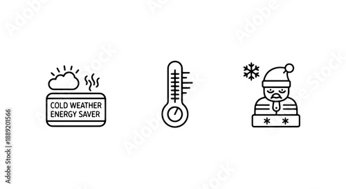 Cold Weather Energy Saving Icons: Low Temperature Thermometers and Winter Health Awareness for Home Comfort