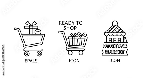Holiday Shopping and Christmas Market Icons: Festive Gifts, Ready to Shop Carts, and Seasonal Retail Experiences