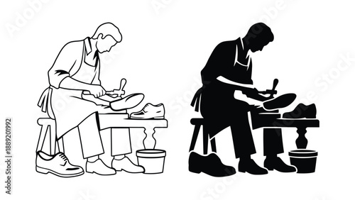 A skilled shoemaker working on a shoe in different illustration styles and colors