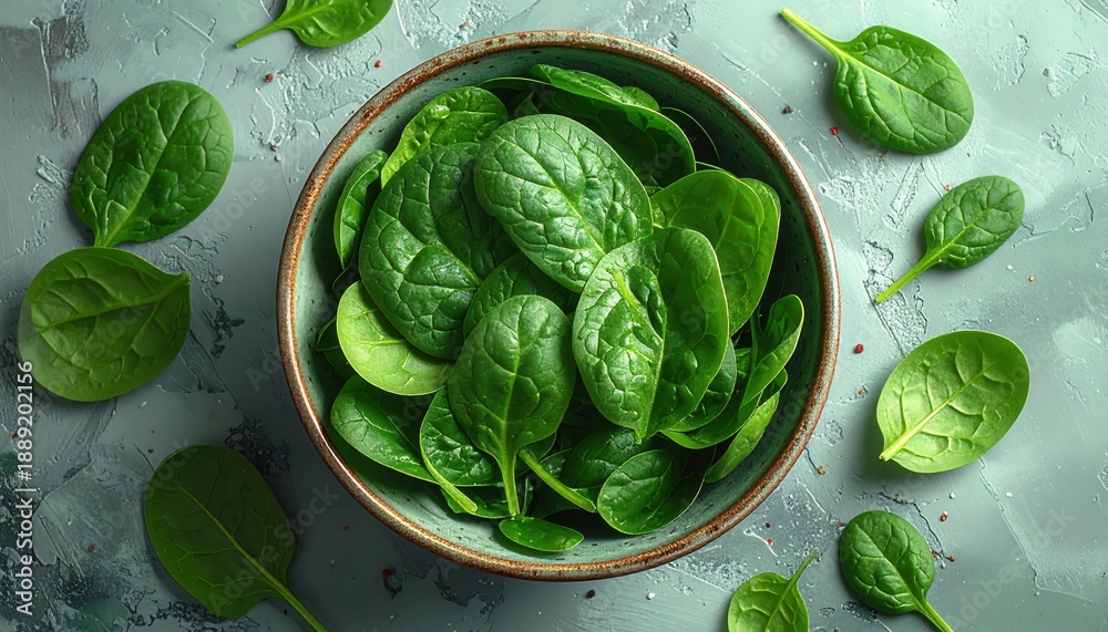Obraz premium Fresh Spinach Delight In Bowl Against Artistic Gray Background Is Perfect For Healthy Eating