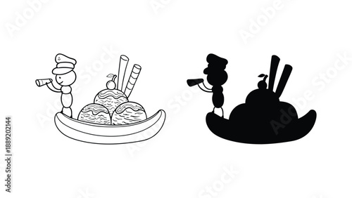 A cartoon chef presenting a delicious banana split dessert in three different illustration styles