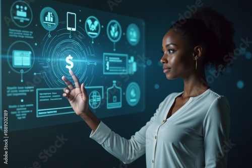 Stunning African woman utilizing holographic display to remotely deposit check with the help of artificial intelligence.