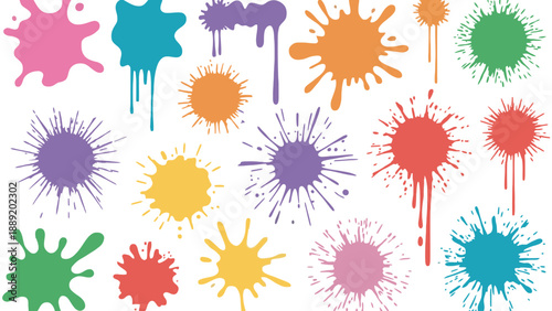 A vibrant collection of colorful paint splatters on a white background