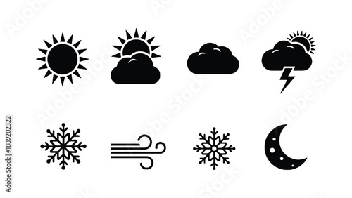 A collection of weather icons on a white background
