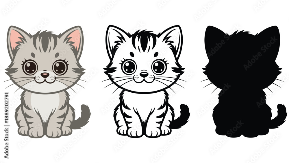 Obraz premium Three cartoon kittens in different styles on a white background