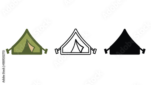 Three different colored tent icons on a white background for camping and outdoor activities