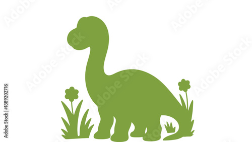 A green dinosaur silhouette standing in a field of grass and flowers